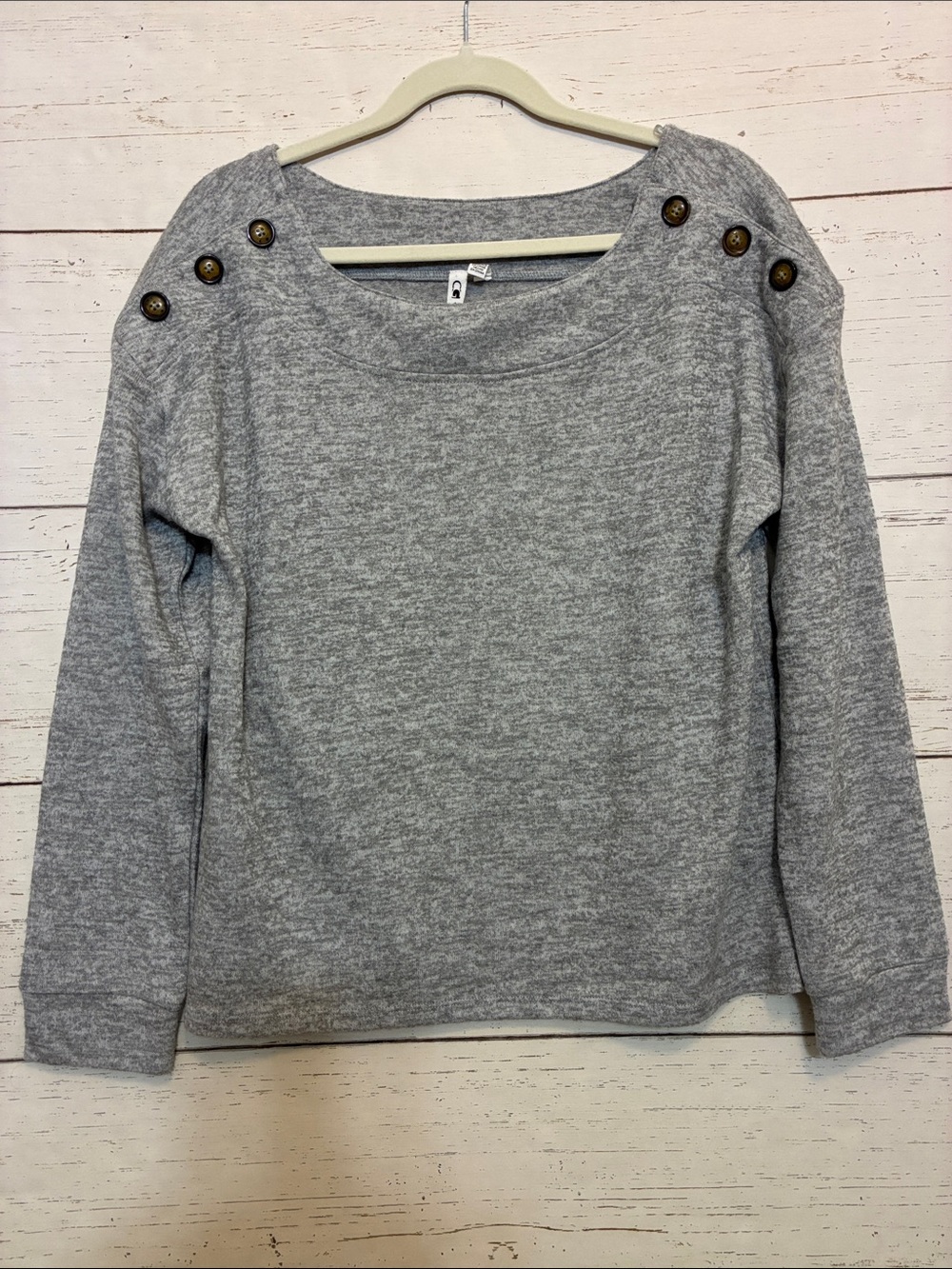 Cable & Gauge Heathered Gray Button-Shoulder Boat Neck Sweater, sz L